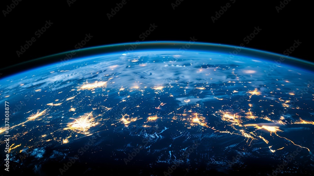 Fototapeta premium From space at night, Earth's cities appear as bright points in the dark expanse City lights are visible in the foreground, while a faint line of lights marks the far side of