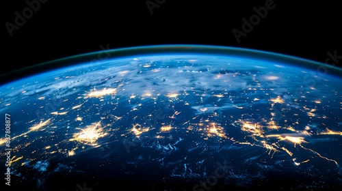  From space at night, Earth's cities appear as bright points in the dark expanse City lights are visible in the foreground, while a faint line of lights marks the far side of