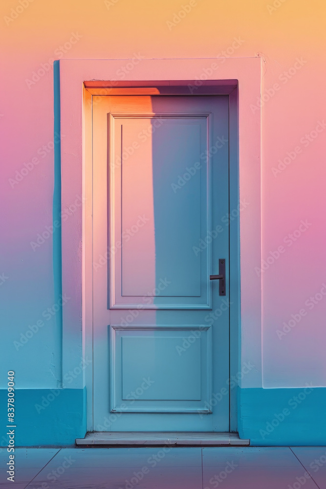 Plain white door against a gradient background transitioning smoothly from one vibrant color to another. The door's simplicity stands out against the colorful backdrop Plain white door against a gradient background transitioning smoothly from one vibrant color to another. The door's simplicity stands out against the colorful backdrop