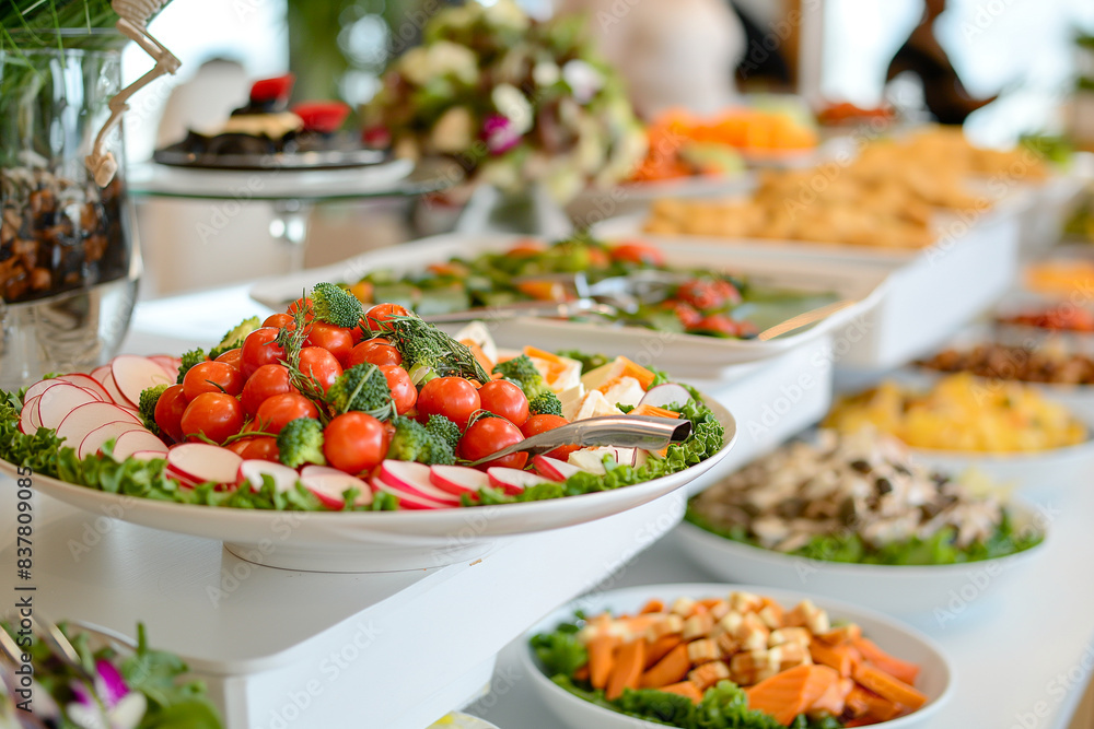 A buffet table with a variety of food, including a salad with broccoli A buffet table with a variety of food, including a salad with broccoli