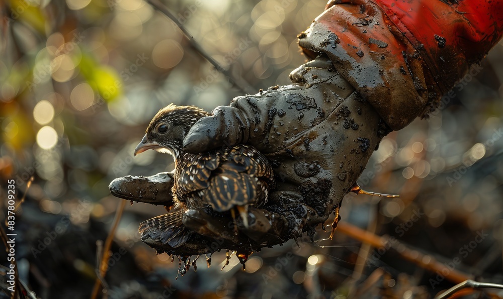 A gloved hand holds a quail while hunting at a plantation A gloved hand holds a quail while hunting at a plantation