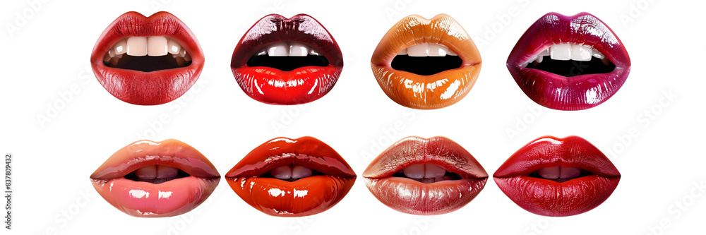 Obraz premium Set of Gloss mouths with bright lipstick on transparent background