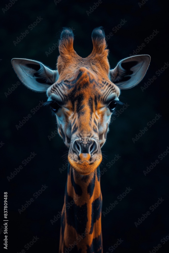 Obraz premium Mystic portrait of Northern Giraffe, copy space on right side, Anger, Menacing, Headshot, Close-up View Isolated on black background