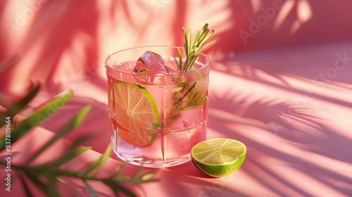 Alcoholic cocktail Margarita with tequila and lime, liqueur, lime juice, sugar syrup, salt and ice, festive trendy pink background, space to insert text.