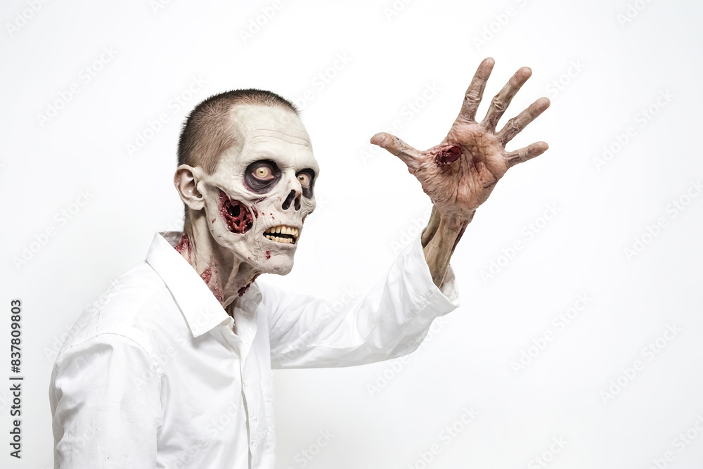 Zombie man with bloody hand reaching out isolated on white background Zombie man with bloody hand reaching out isolated on white background