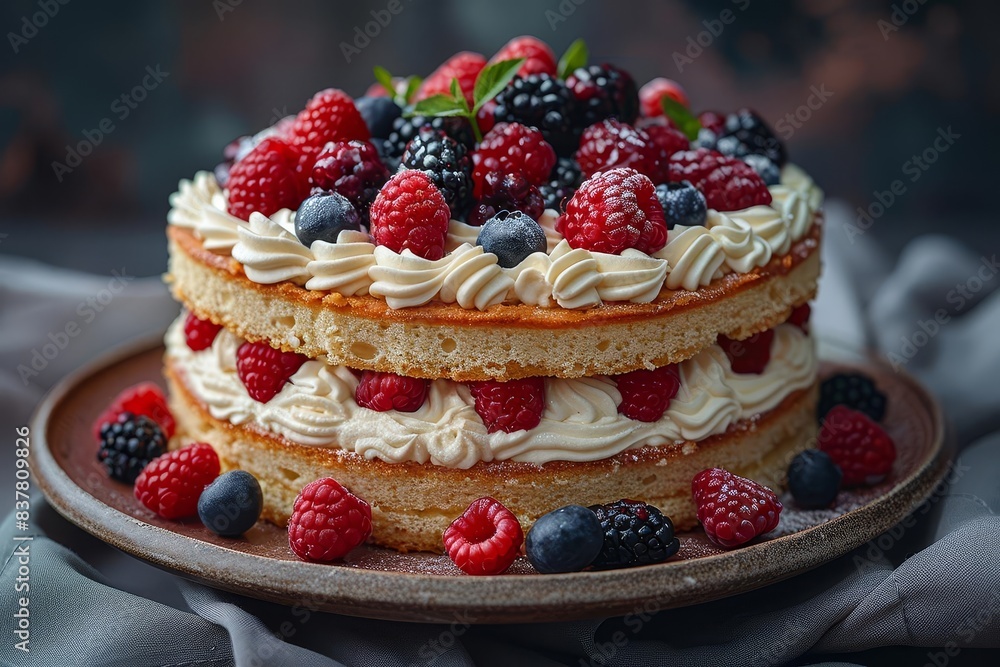 Delicious berry-layered sponge cake with fresh raspberries, blackberries, and blueberries, topped with whipped cream on a rustic plate. Delicious berry-layered sponge cake with fresh raspberries, blackberries, and blueberries, topped with whipped cream on a rustic plate.