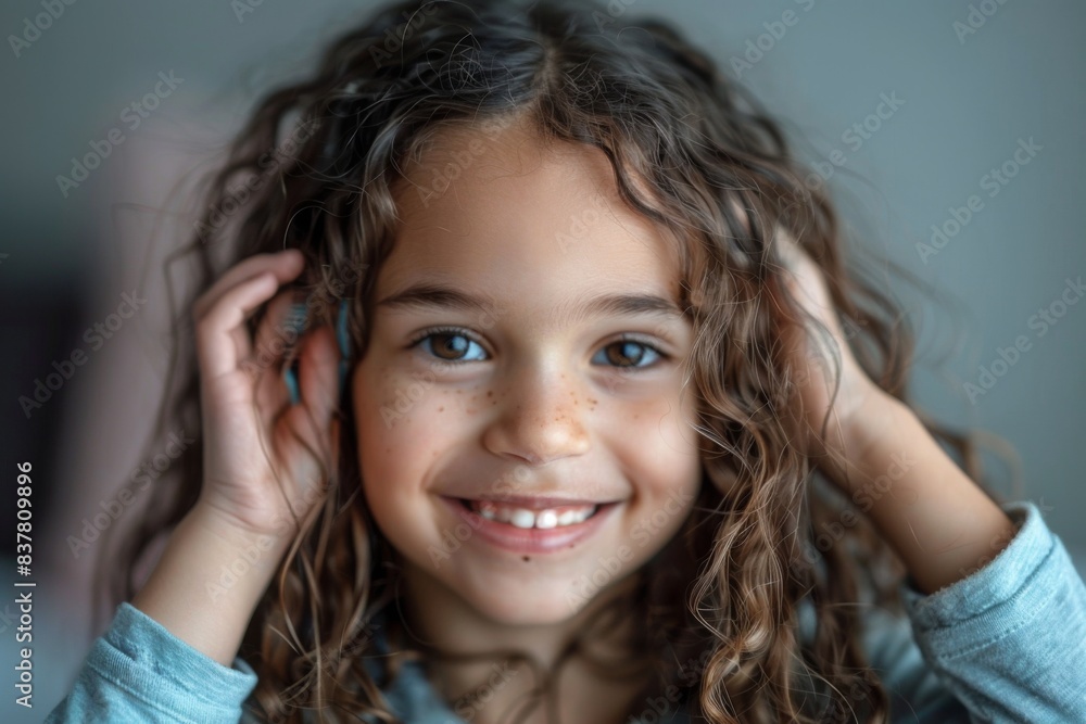 Fototapeta premium Curly haired girl smiling holding head