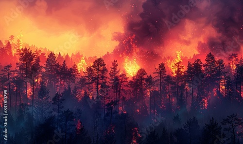 Intense Wildfire Engulfing a Forest at Dusk Generative AI image