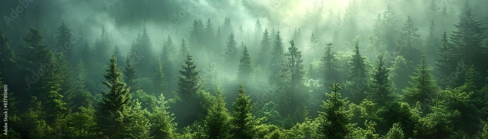 Serene green forest landscape with mist enveloping the pine trees, creating a calm and tranquil atmosphere in nature. Serene green forest landscape with mist enveloping the pine trees, creating a calm and tranquil atmosphere in nature.