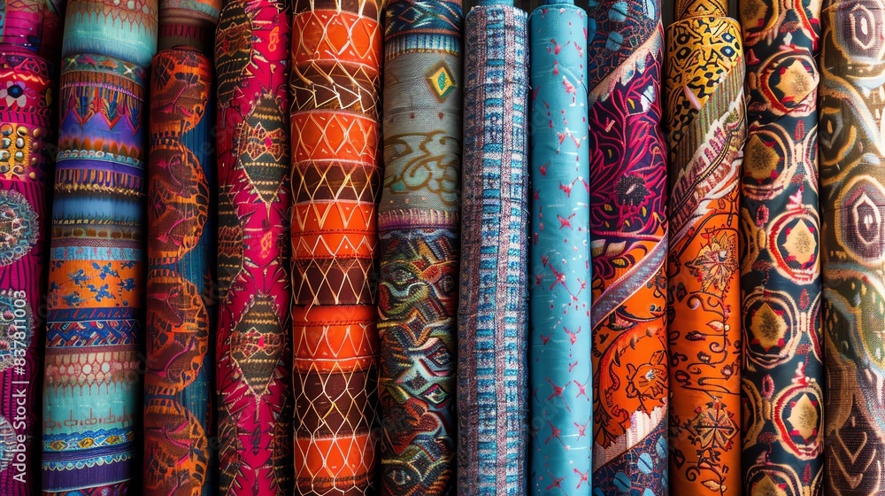 A variety of colorful and intricately patterned textiles are displayed in a fabric store. A variety of colorful and intricately patterned textiles are displayed in a fabric store.