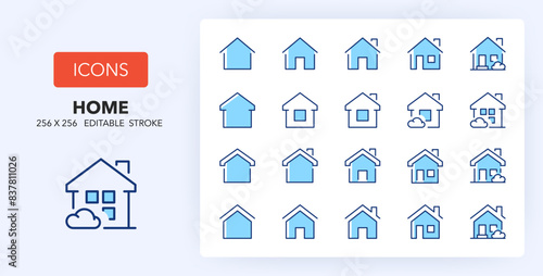 Line icons about house models. 256x256 Pixel Perfect editable in two colors