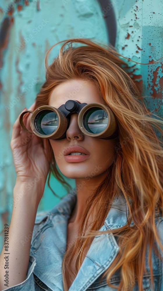 Woman looking through binoculars near wall Woman looking through binoculars near wall