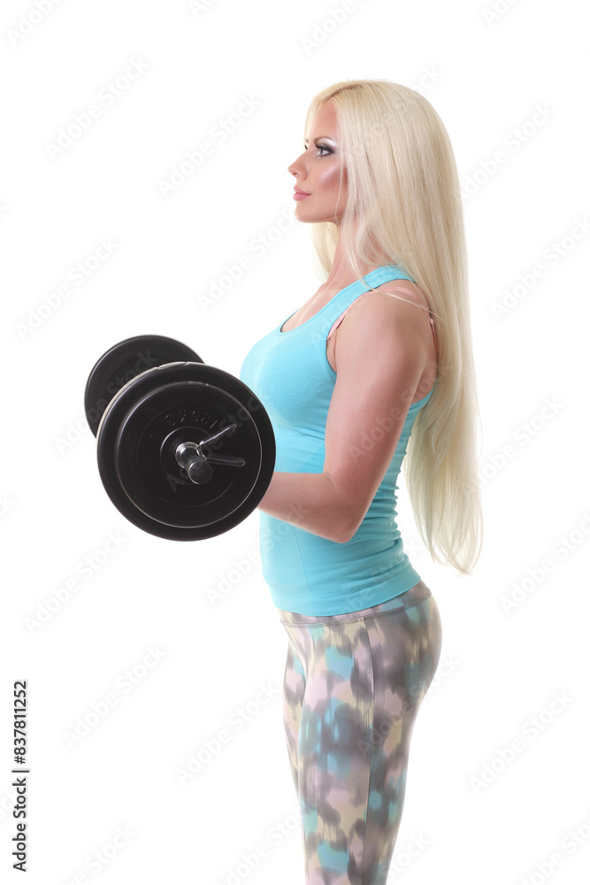 smiling sporty woman exercising with barbell smiling sporty woman exercising with barbell