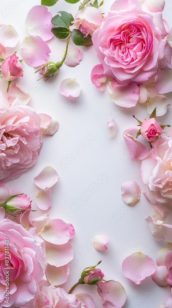 custom made wallpaper toronto digitalClose up of blooming pink roses flowers and petals isolated on white table background. Floral frame composition. Decorative web banner. Empty space, flat lay, top view.