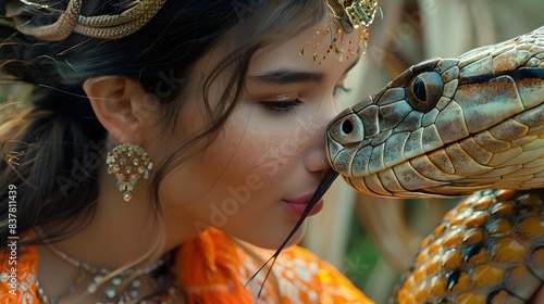 Young Woman in Thai Traditional Dress Kissing King Cobra in Closeup