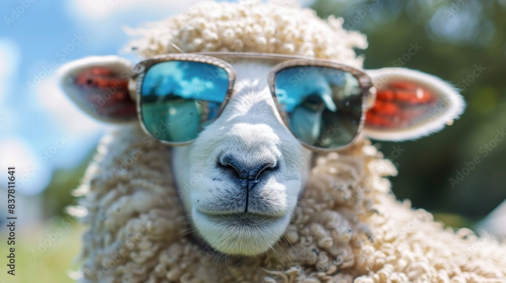 Obraz premium Cheerful sheep wearing sunglasses celebrating eid al-adha on a sunny day
