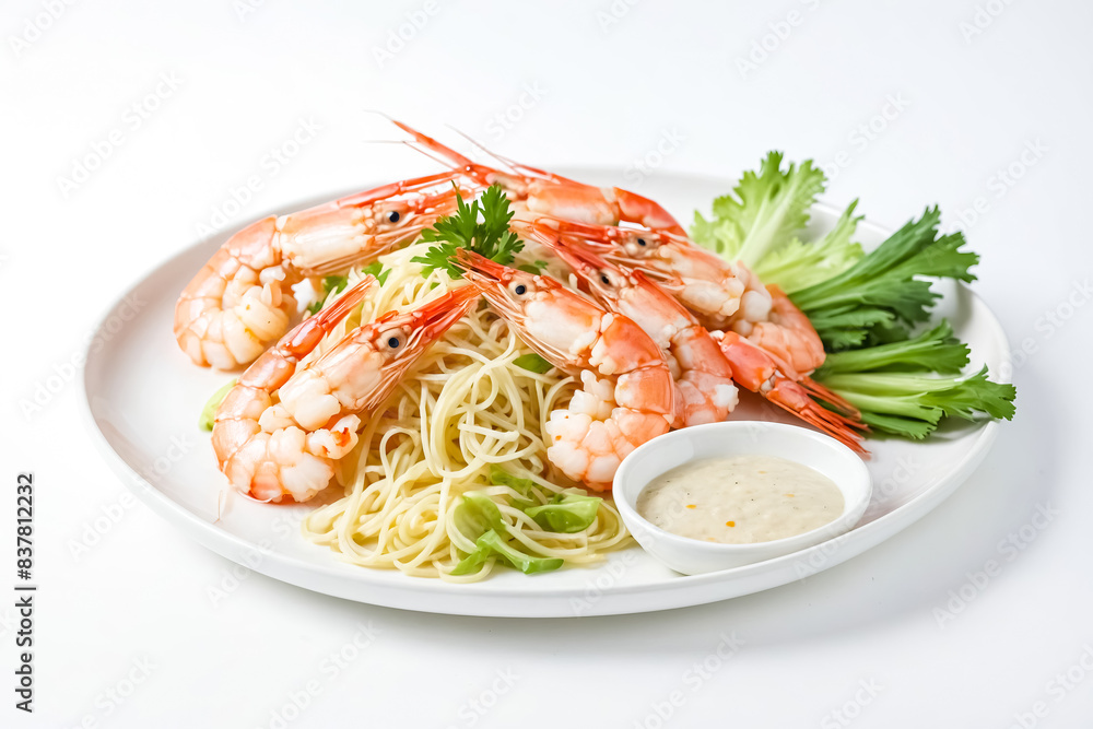 Shrimp and Spaghetti with Creamy Sauce on White Plate Shrimp and Spaghetti with Creamy Sauce on White Plate
