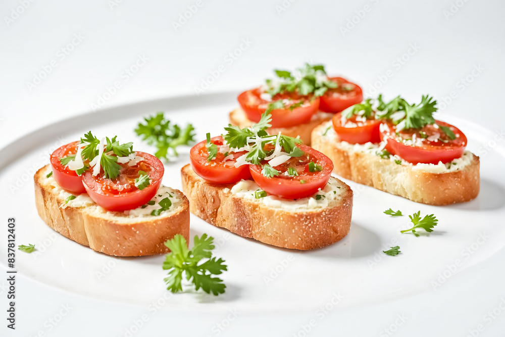 Tomato and Parsley Bruschetta on a White Plate Tomato and Parsley Bruschetta on a White Plate