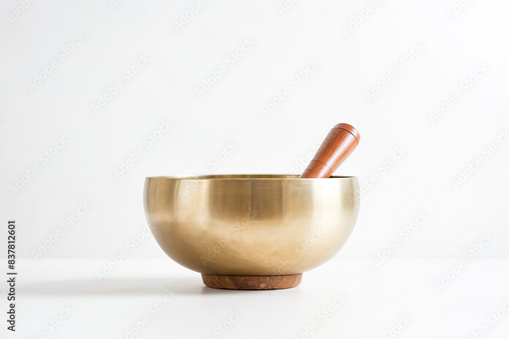 Golden Singing Bowl with Wooden Striker on White Background Golden Singing Bowl with Wooden Striker on White Background