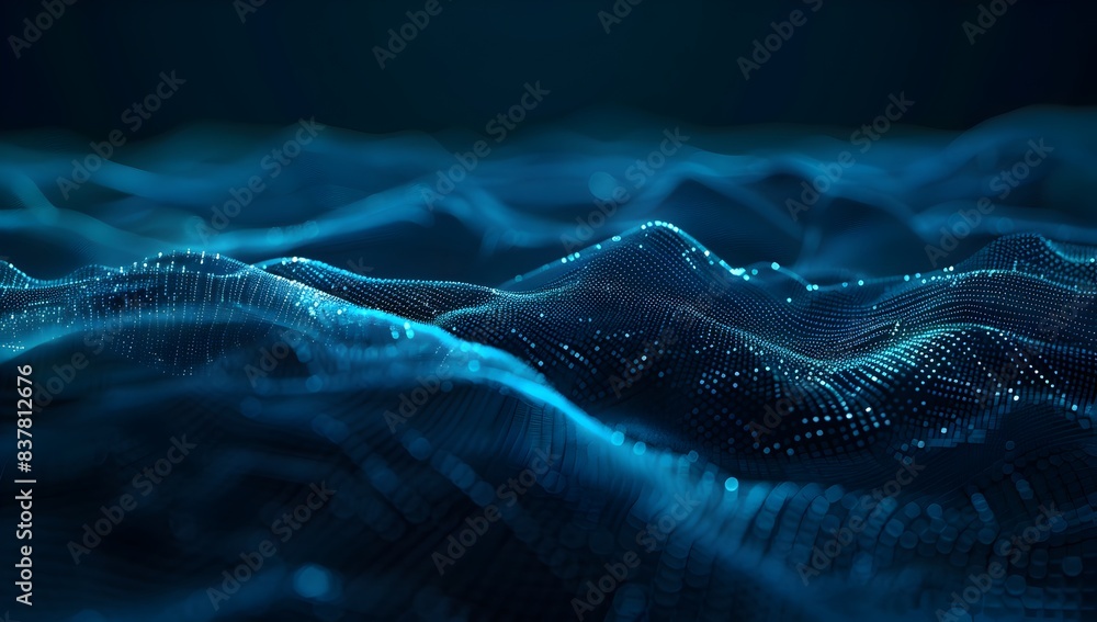Abstract blue digital glowing wave on a black background, technology concept for design and banner
Abstract blue digital glowing wave on a black background, technology concept for design and banner