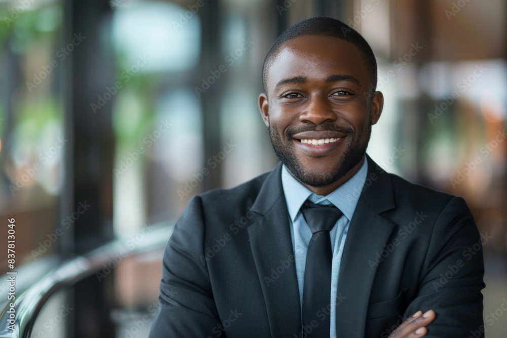 Man in formal attire smiling in lobby Man in formal attire smiling in lobby