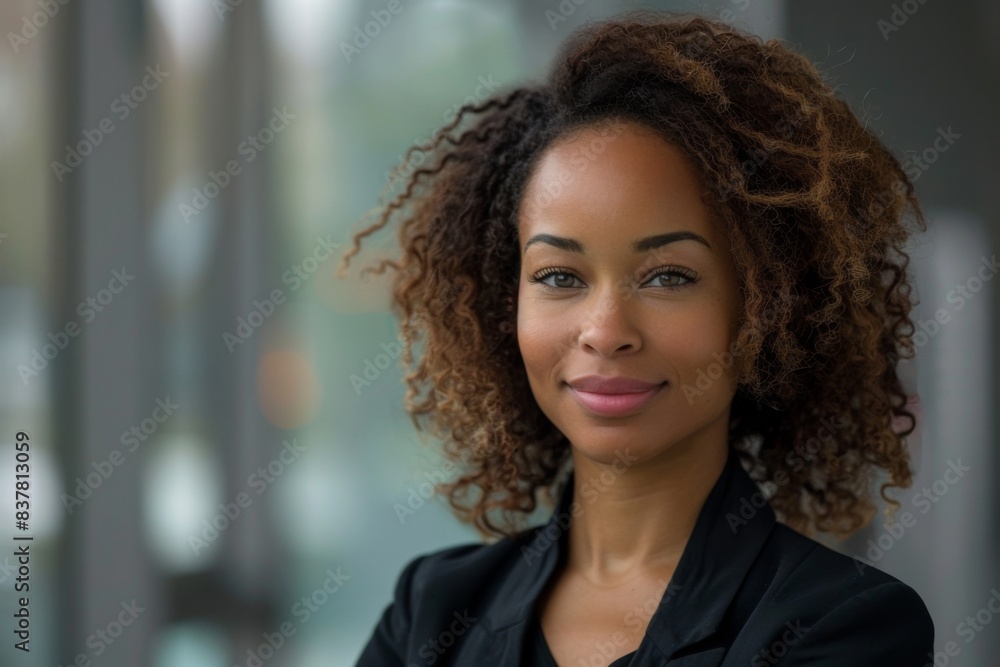 Woman smiling, curly hair, black jacket, window Woman smiling, curly hair, black jacket, window