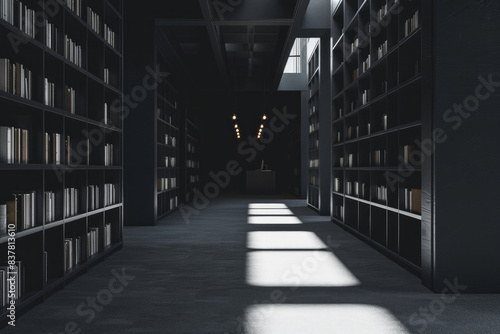 Dark minimalist library interior with light.