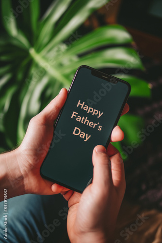 Hand typing "Happy Father's Day" text message on a smart phone screen