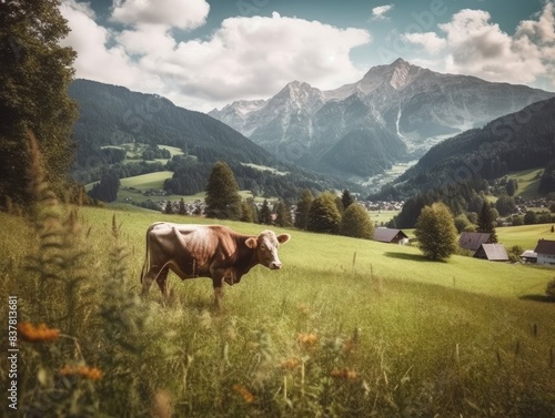 Tranquil Cow in Scenic Alpine Meadow