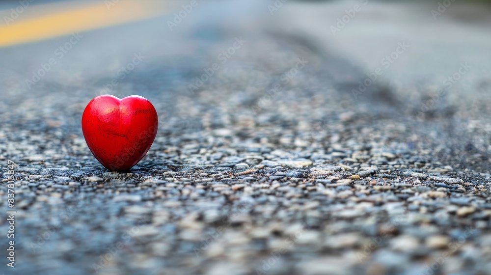 A red heart atop a gravel road, flanked by a yellow line on each side Yellow lines also in the background A red heart atop a gravel road, flanked by a yellow line on each side Yellow lines also in the background