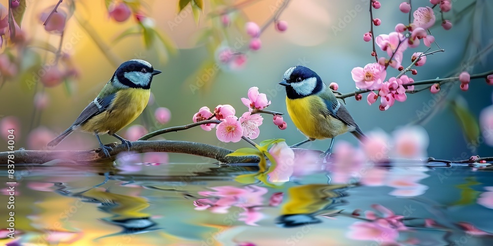 Fototapeta premium A great tit perches delicately on a blossoming branch over calm water, its reflection mirroring its pose