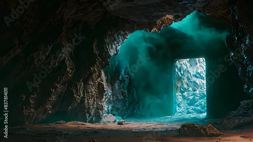 a large cave with a door photo