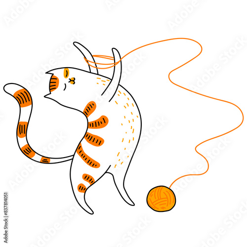 Cat plays with a ball of yarn