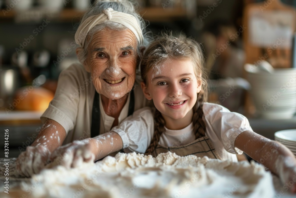 A woman and children baking a cake in the kitchen A woman and children baking a cake in the kitchen