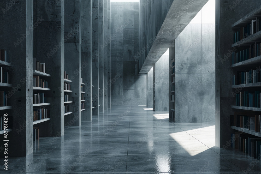 Dark minimalist library interior with light. Dark minimalist library interior with light.