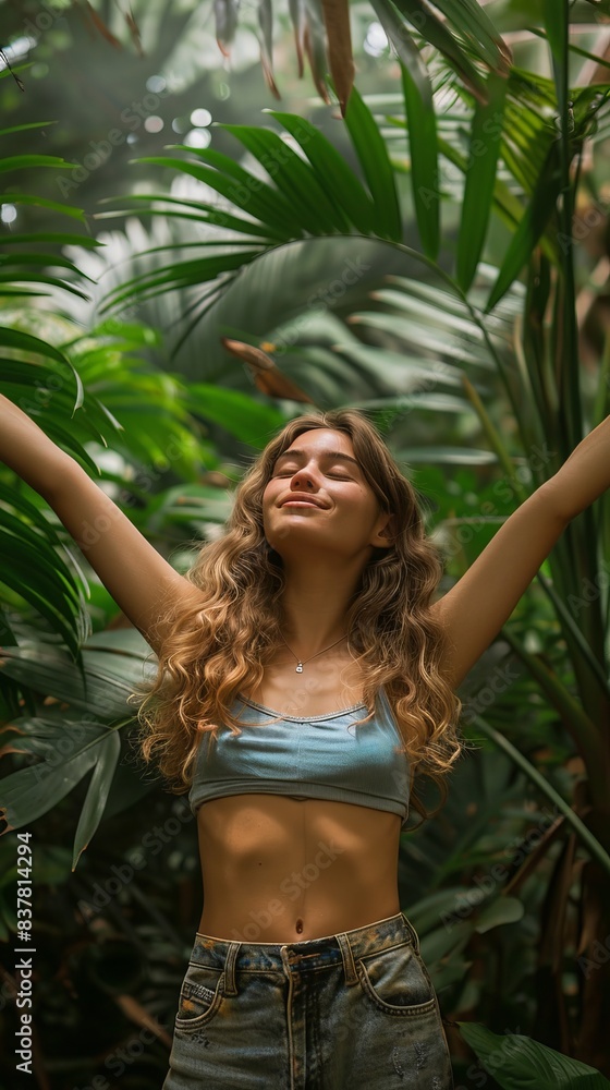 Girl standing with arms outstretched amidst plants Girl standing with arms outstretched amidst plants