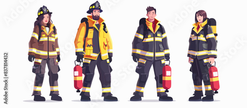 Set of firefighters on a white background. Fireman rescuer.