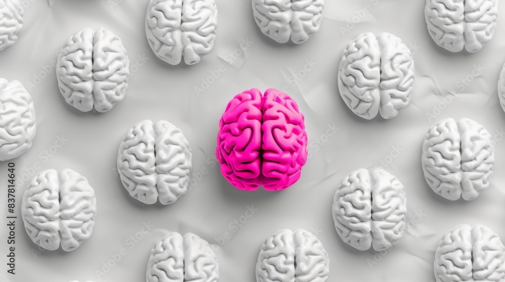 Vibrant Pink Brain Standing Out Among White Brains Symbol of Creativity and Individuality Vibrant Pink Brain Standing Out Among White Brains Symbol of Creativity and Individuality