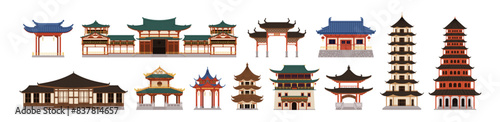 Chinese buildings set. Traditional Asian architecture. Pagoda, ancient temple, palace, house in oriental style. Historical structures in China. Flat vector illustration isolated on white background