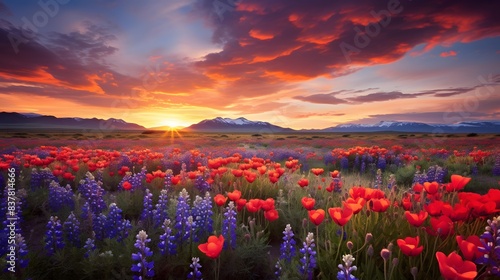 Beautiful panorama of a field of wildflowers at sunset