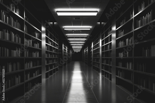 Dark minimalist library interior with light.