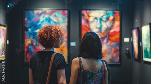 Two individuals immerse themselves in admiring vibrant abstract paintings in an art gallery, reflecting artistic appreciation