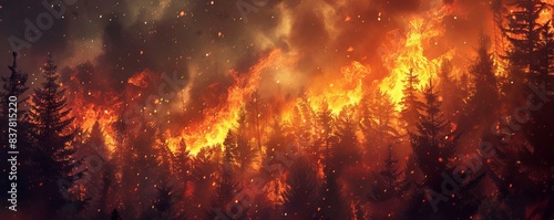 Intense Wildfire Engulfing a Forest