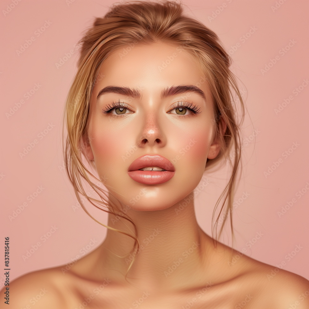 Frontal close-up of a female model's face with botox lips, heavy makeup, and natural bun hairstyle. Plastic surgery beauty. Pink studio background. Frontal close-up of a female model's face with botox lips, heavy makeup, and natural bun hairstyle. Plastic surgery beauty. Pink studio background.
