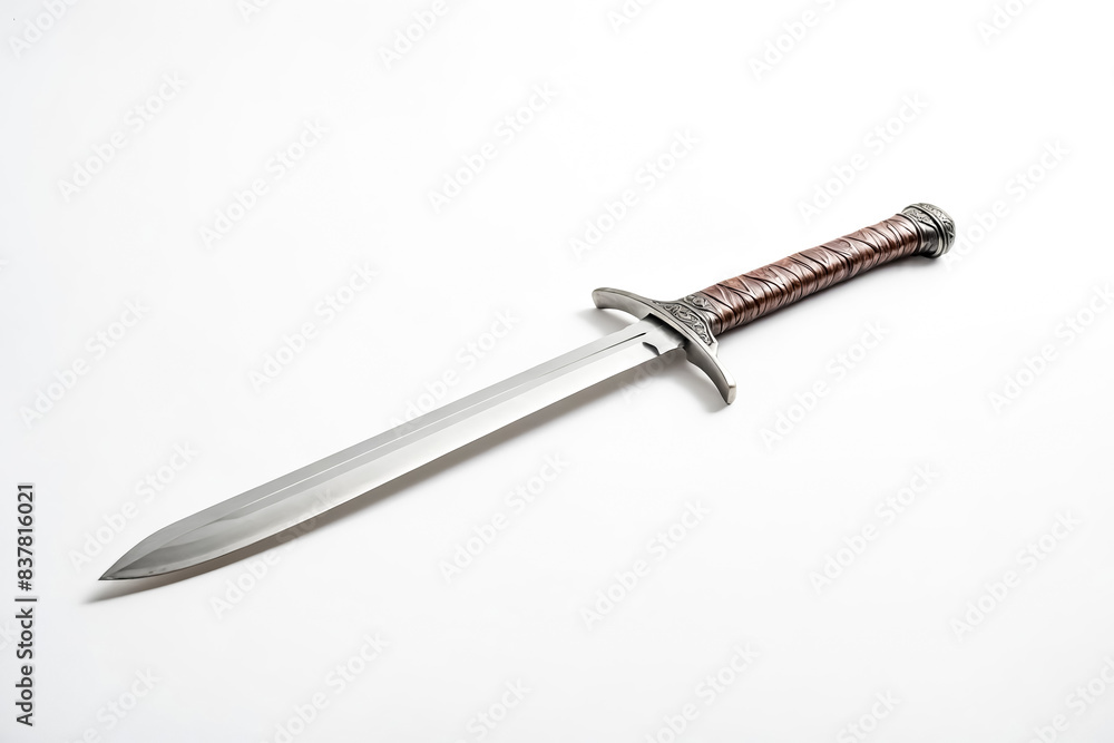 Medieval Sword with Leather Wrapped Handle on White Background Medieval Sword with Leather Wrapped Handle on White Background