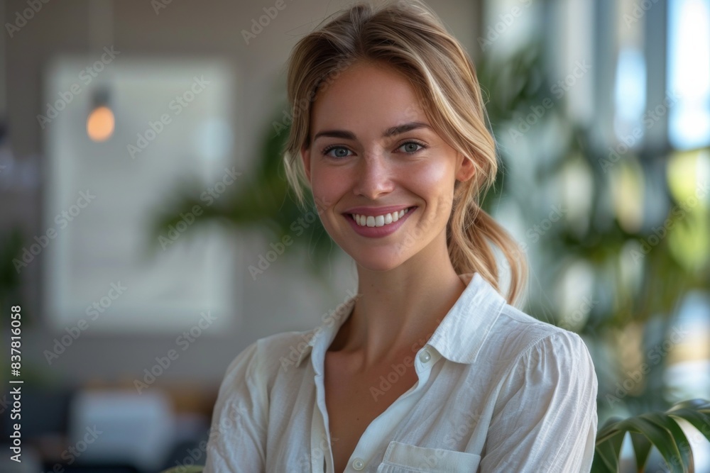 Woman in white shirt smiling near plant Woman in white shirt smiling near plant