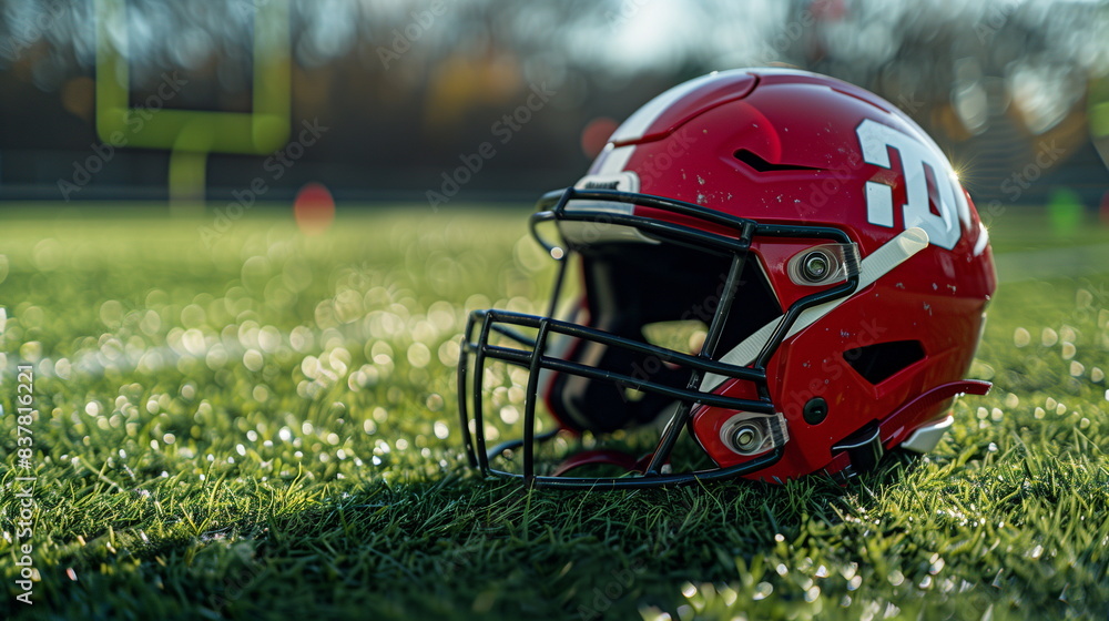 A close-up of the side view of a red American football helmet lying on the grass of the playground. A close-up of the side view of a red American football helmet lying on the grass of the playground.