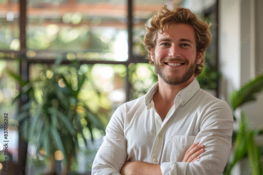 Man smiling white shirt arms crossed window Man smiling white shirt arms crossed window