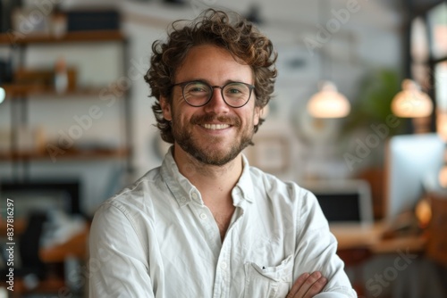 Man smiling glasses beard white shirt