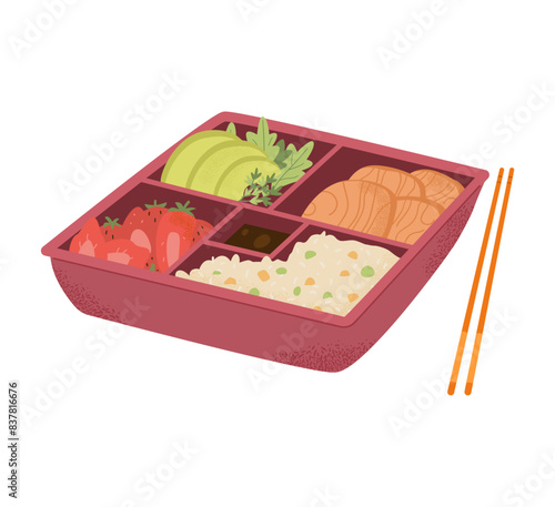 Traditional bento box with food vector illustration isolated on white. Lunchbox with rice, avocado, strawberries, meat and soy sauce.